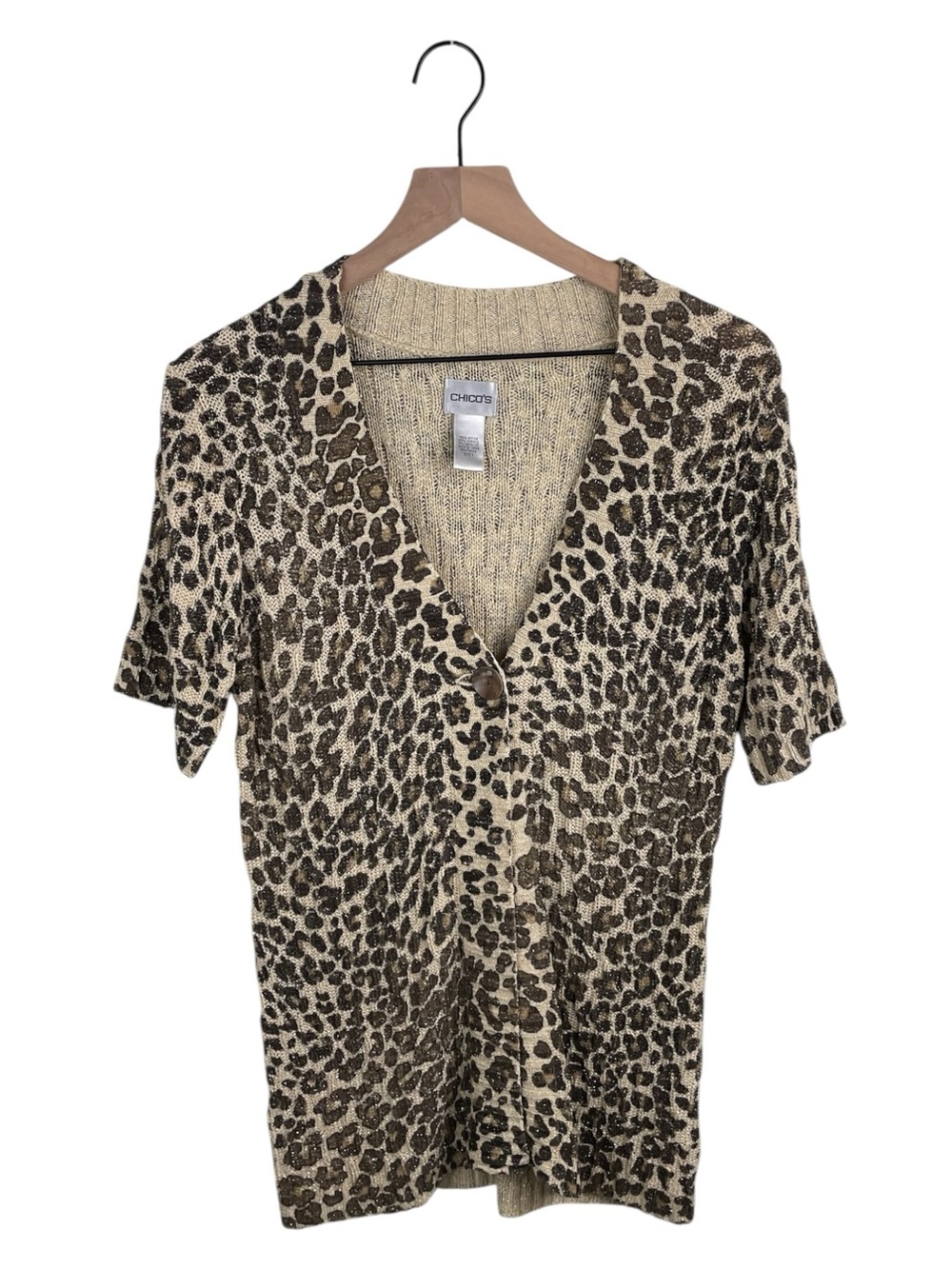 Chico's Leopard Print Metallic Knit Single Button Cardigan Sweater Size 1 Medium